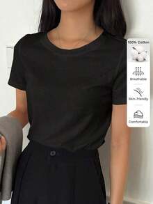 Camiseta de manga corta casual de cuello redondo de unicolor, estilo casual de negocios para mujer - Negro - Ver 6