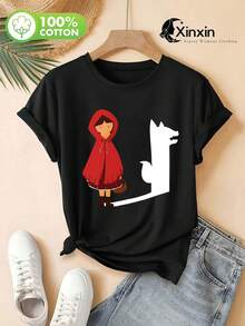 Women's 1-Piece T-Shirt, 100% Pure And Comfortable, With A  Silhouette Pattern Print Of Little Red Riding Hood And A Wolf, Comfortable, Soft And Breathable, Casual Summer Top, Machine Washable, Abstract Fairy Tale Theme, Fashionable And Versatile, T - 黑色 - 查看 8