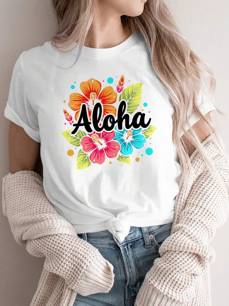 Women's Casual Sports T-Shirt, Round Neck T-Shirt, Aloha Style, Modern Design, Hawaiian Style, Floral Print, Knotted Design, Holiday Wear, Hawaiian, Flowers, Comfortable Top For All Seasons. - 白色 - 查看 1