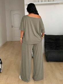Conjunto de dos piezas de camiseta hombros descubiertos y pantalón ancho de chándal para mujer talla grande, minimalista, ropa de calle, uso diario, salir, deporte, cómodo - Verde militar - Ver 10