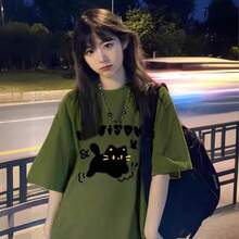 Women's Heavyweight Pure Cotton Green Short-Sleeved T-Shirt, Summer Style, Hong Kong Style, Loose Fit, Plus Size, Petite Size, American Urban Fashion Top. - 酒紅色 - 查看 2