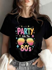 Camiseta de mujer con estampado retro de los 80, corte holgado, estampado de gafas retro, top casual de manga corta y cuello redondo, adecuada para fiestas temáticas de los 80 y conjuntos de primavera/verano, camiseta retro lavable a máquina. Top de manga corta cómodo y versátil. - Negro - Ver 6
