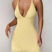 PETITE Women Light Yellow Mesh Halter Dress,Summer Dresses,Summer Dresses For Women,Pastel Dresses For Women - Rojo - Ver 4
