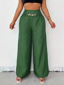 Women's Casual Wide-Leg Linen Pants With Metal Chain Detail, Autumn Style - màu xanh lá - Xem 8