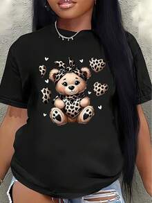 This Lightweight And Durable Short-Sleeved T-Shirt Features A Cute Leopard-Print Bear Design, Making It Perfect For Casual Outings At Home Or A Coffee Shop. It's An Ideal Choice For Everyday Comfort And Style. - 黑色 - 查看 1