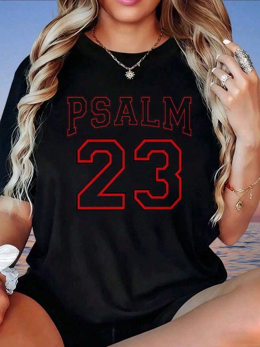 Camiseta de fe cristiana con el Salmo 23 para mujer, estilo jersey con versículo bíblico, blanca, informal, de verano, para chicas y mujeres. - Negro - Ver 1