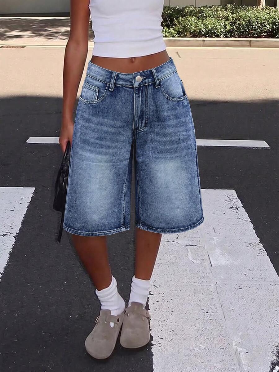 Retro Sweet Design Loose Casual 5-Inch Denim Shorts For Women - Dark Wash - View 1