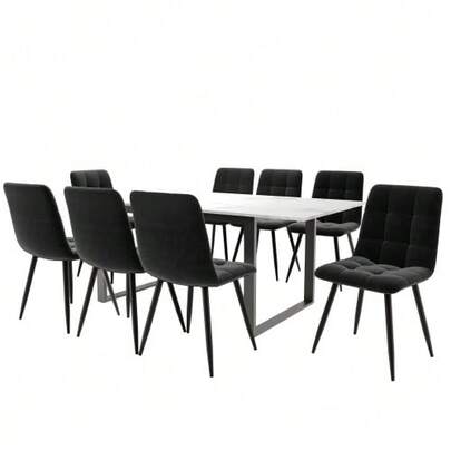 Essgruppe,(Set,140/180*80*75cm Essstisch Mit 8 Stühlen), Moderner Küchentisch Set,Schwarz Samt Esszimmerstühle,MDF Tischplatte In Weißer,Schwarz Tischbeine