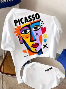 Camiseta de Mujer SimpieAndVersatileDesign - Camiseta con Diseño Abstracto de Rostro Colorido - Patrones geométricos únicos combinados con llamativos estampados de "PICASSO" y "MUSE" - Camiseta de cuello redondo a la moda para entusiastas de las  - Un regalo perfecto para conocedores de arte e individuos creativos - Camiseta de algodón - Blanco - Ver 6