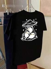 Under The RadarCamiseta de ocio para mujer con estampado frontal y trasero, diseño de alienígenas y OVNIs, cuello redondo, estilo casual de manga corta, adecuada para fitness en todas las estaciones y uso diario, diseño divertido estampado, 100% algodón. Camiseta unisex de algodón holgada de manga corta y cuello redondo estilo vintage urbano - Negro - Ver 2