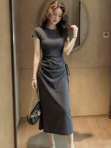 [Y6Y]Women's Elegant Solid Color Short Sleeve Knit Dress, Summer Fashion Waist Ruched Tie-Up Versatile Dress - Grey - View 5