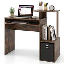 Space-Saving Computer Desk With Open Shelf And Fabric Storage Drawer - Brown - View 2
