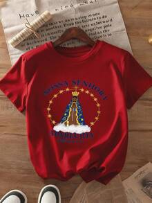 Camiseta de manga corta informal para mujer, ideal para vacaciones de verano, con la imagen de Nuestra Señora de Aparecida - 100% suave, de cuello redondo, estilo casual unisex y regalo católico, lavable a máquina, prenda icónica. - Negro - Ver 8