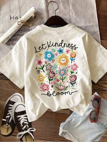 Women's Short Sleeve Summer T-Shirt, Casual Style, [Double-Sided Print], Spring/Summer Clothes, Fun Style, Floral Heart Print With The Phrase "Let Kindness Bloom", Pure Cotton, Casual Fashion, Regular Fit, Round Neck. - 白色 - 查看 10
