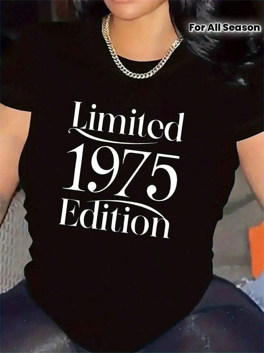 Limited Edition 1975 Vintage T-Shirt - Crew Neck T-Shirt With Retro 1975 Print, Casual Fit In Black And White, Durable Polyester T-Shirt For Casual Wear, Machine Washable For All Seasons. Women's Blouses > Clothing - 黑色 - 查看 1