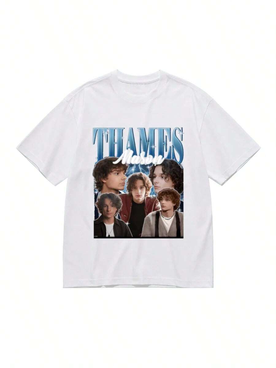 1 Piece Of Vintage Mason Thames Bootleg Cotton T-Shirt - High-Quality, Heavyweight, Minimalist Basic Casual T-Shirt With Dropped Shoulders, Streetwear Style, Versatile And Plain For Men And Women, Ideal For DIY Projects And Everyday Wear. 180g 100% Cotton. - 白色 - 查看 1
