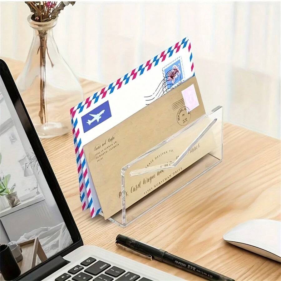 1pc Transparent Acrylic Mail Holder, Envelope Storage Rack, Upright Desktop Letter Organizer Box, Lightweight Tabletop Bill Sorter, Suitable For Home, Office And School - A - View 1