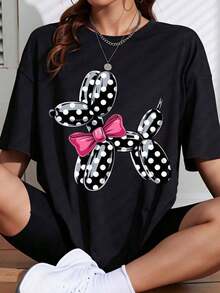 Camiseta de Mujer con Estampado de Perro Globo, Lazo Rosa y Puntos, Negra, Estilo Casual, Oversize, Gráfica, Moda de Verano, Estilo Streetwear - Negro - Ver 6