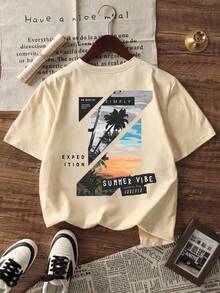 1pc Boys' Summer Coconut Tree Print Oversized Short Sleeve T-Shirt - Apricot - View 2