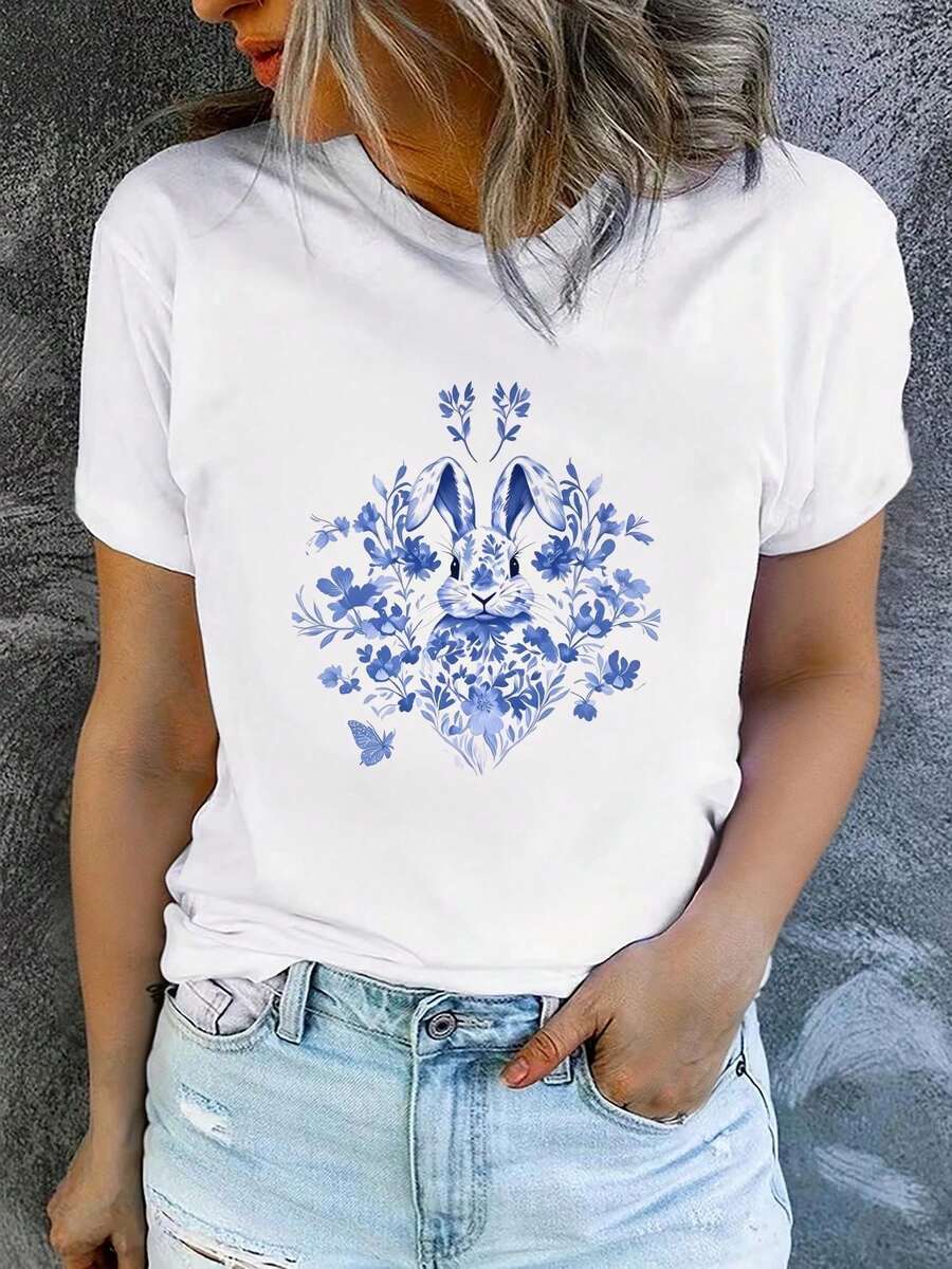 1 pieza de camiseta de verano para mujer, de manga corta y estampada, moderna y casual, lavable a máquina, ajuste cómodo, estampado plano 2D, 180g, 100% algodón. - Blanco_07 - Ver 1