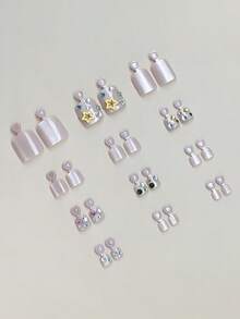 24pcs Press-On Fake Nails For Toes, Cat's Eye Nails,Nude Toes Nails, Colorful Sparkling Diamond Decorative Nails,Three Dimensional Star Shaped Decorative Nails,Summer Nails,Wearable Nail Art Halffinished Board For Applying Nails, Full Coverage Glossy Daily Fake Nails, Ladies Reusable, Easy To Wear And Remove, Equipped With Tools, DIY Nail Supplies, Vacation ,Suitable For Party,Dance Party, Etc. - Pink - View 3