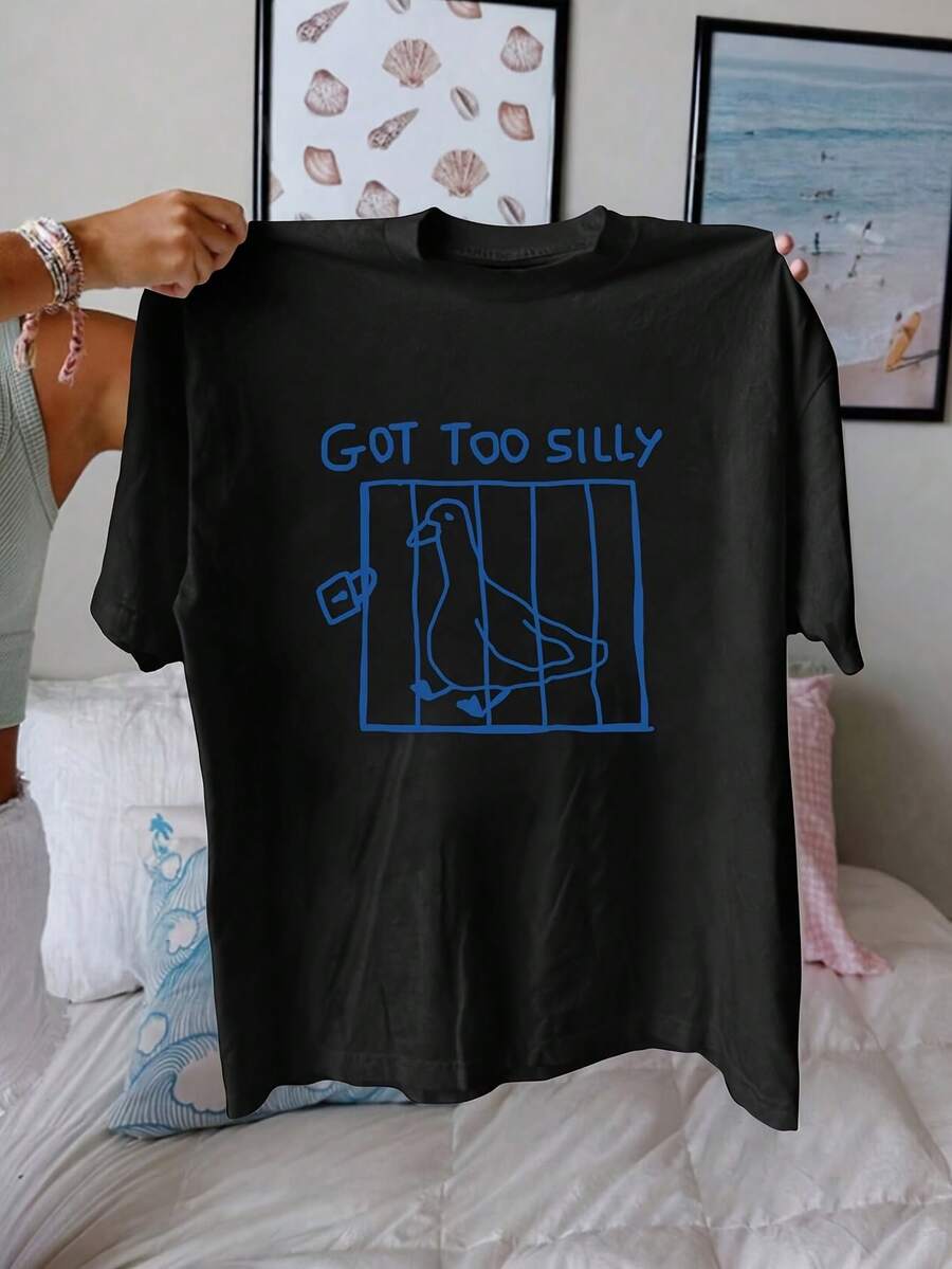 Women's Summer Top. Fun Goose Print T-Shirt For Women - Cute Short-Sleeved T-Shirt With A Round Neck And Goose Head Design, Casual Spring/Summer Shirt, Machine Washable For Everyday Wear And Outdoor Activities, Suitable For Women. Relaxing And Comfortable. - 黑色 - 查看 1