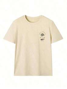 Women's Short-Sleeved T-Shirt, Casual Style, Round Neck, Palm Tree And Letter Print, Holiday Style, White And Pink, 100% Cotton, Urban Casual Style. - 白色 - 查看 9