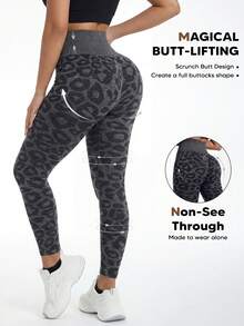 Women's Seamless Leopard Print Yoga Compression Leggings Black - Black - View 1