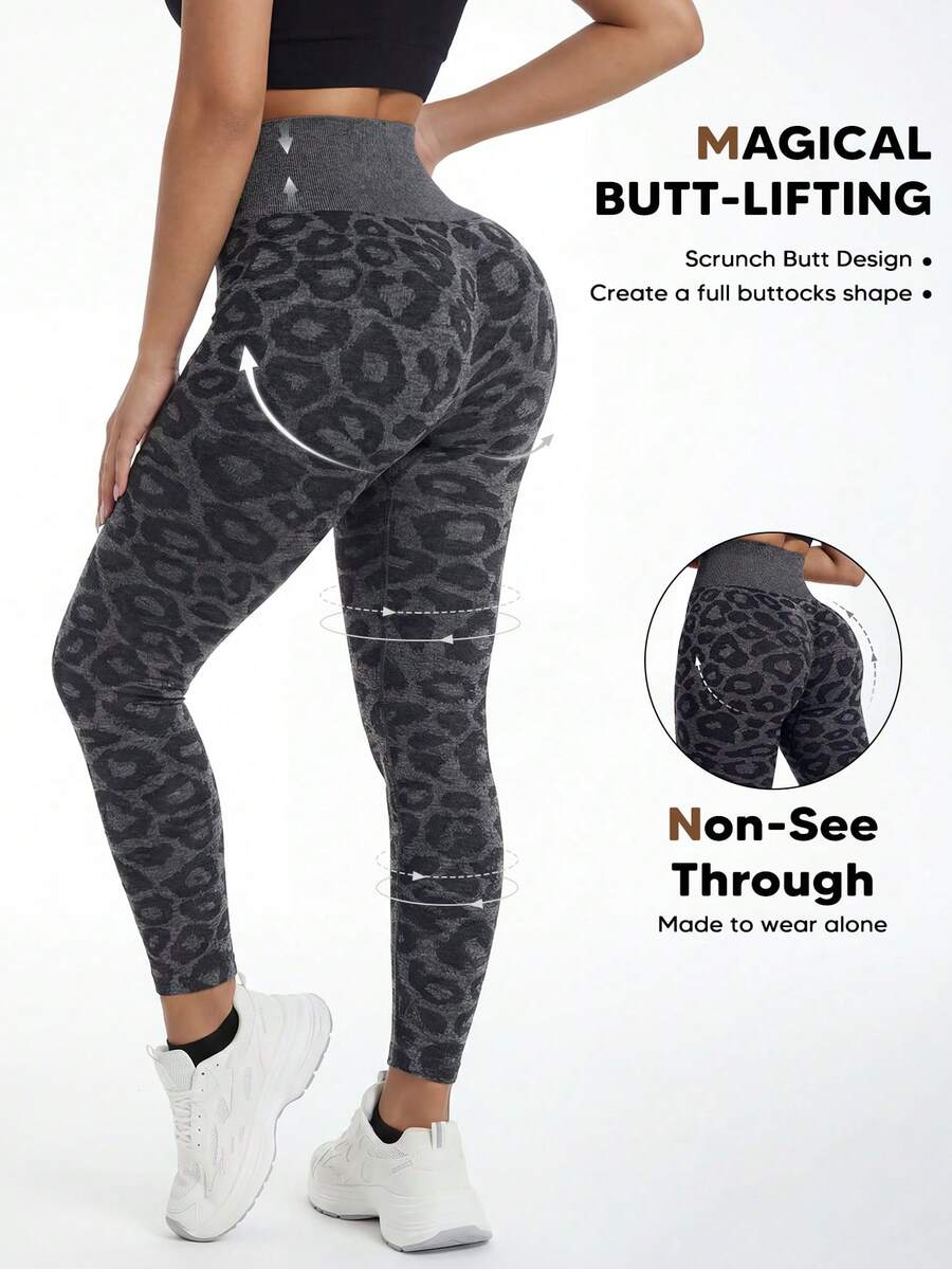 Women's Seamless Leopard Print Yoga Compression Leggings Black - Black - View 1