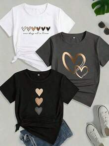 Set Of 3 Women's Casual Slim Fit Crew Neck Long Sleeve T-Shirts--Versatile Printed Casual T-Shirts--Versatile Printed Casual T-Shirts - 白色 - 查看 1