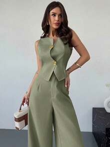 Set de 2 piezas de primavera para mujer: top asimétrico con hebilla de metal de sensación de lino caqui y pantalones anchos de cintura alta adelgazantes, elegante ropa de oficina - Verde militar - Ver 6
