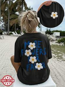 [Double-Sided Print] Women's Pure Cotton T-Shirt For Spring And Summer, Beach Fashion, Cool Style, White Floral Print With Lettering, Casual Short-Sleeved T-Shirt With Round Neck, Dropped Shoulders And Loose Fit With "Ore Flowers Please" Print [Chu K] Elegant Party Outfit, T-Shirt For Elegant Ladies, Blouses Suitable For Curvy Women, Prom Skirts, Casual Wear - 黑色 - 查看 7