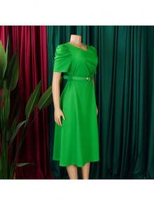 Kelly Green A-Line Dress V-Neck Short Puff Sleeves Rhinestone Buckle Belt Defined Waist Knee Length Polyester Chic Semi-Formal Wedding Guest Cocktail Party Work (Local Warehouse Discounts.) | Emerald Green Dress | Satin Dresses | Dresses | Dresses For Women | Mid Length Midi Dress | Jersey Dresses For Women  (Shipped From Local Warehouse | Quick Dispatch) - màu xanh lá - Xem 9