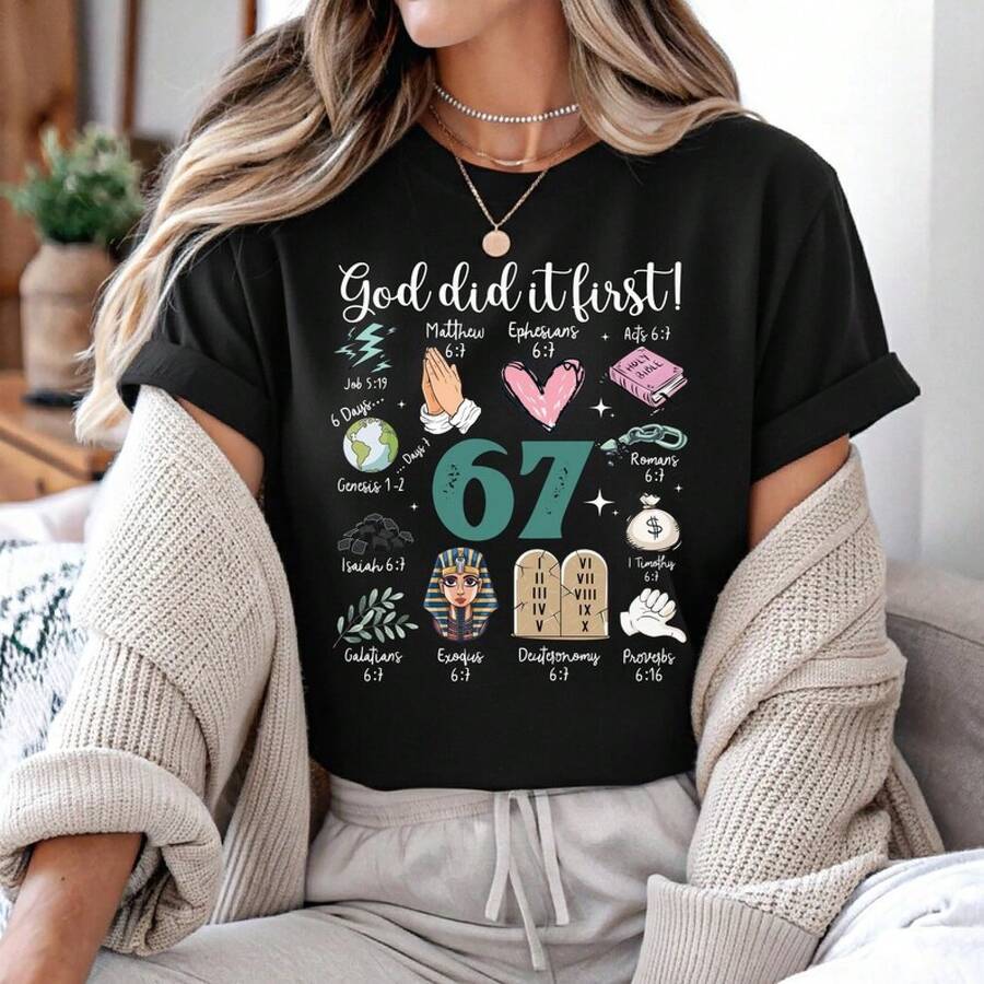 Bible Verse T-Shirt 6:, God Did It First T-Shirt, Christian T-Shirt 6, Faith-Based Youth Fashion Clothing - 黑色 - 查看 1