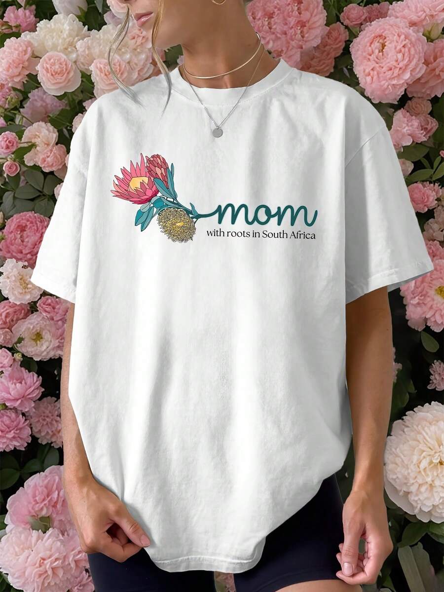 Premium South African Style Short Sleeve T-Shirt For Mother's Day, 100% Cotton, Loose Fit, Floral Print "Mom With Roots In South Africa", Breathable Casual Top, Mother's Day Gift, Daily Wear, Letter Print, Modern Short Sleeve T-Shirt For Adult Women, Breathable Fabric, Suitable For Back To School Season, Outdoor Wear, Ideal Gift, . - 白色 - 查看 1