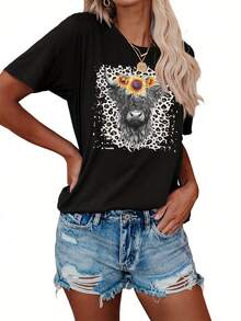 Camiseta con estampado de cabeza de vaca, top casual de manga corta y cuello redondo para verano y primavera, ropa de mujer. - Negro - Ver 1