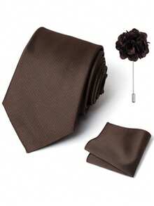 AlanKing 3pcs/Set Men's Solid Color Necktie, Pocket Square, And Lapel Flower, Classic Suit Accessories For Business, Casual Events, Weddings - Color Mixing - View 8