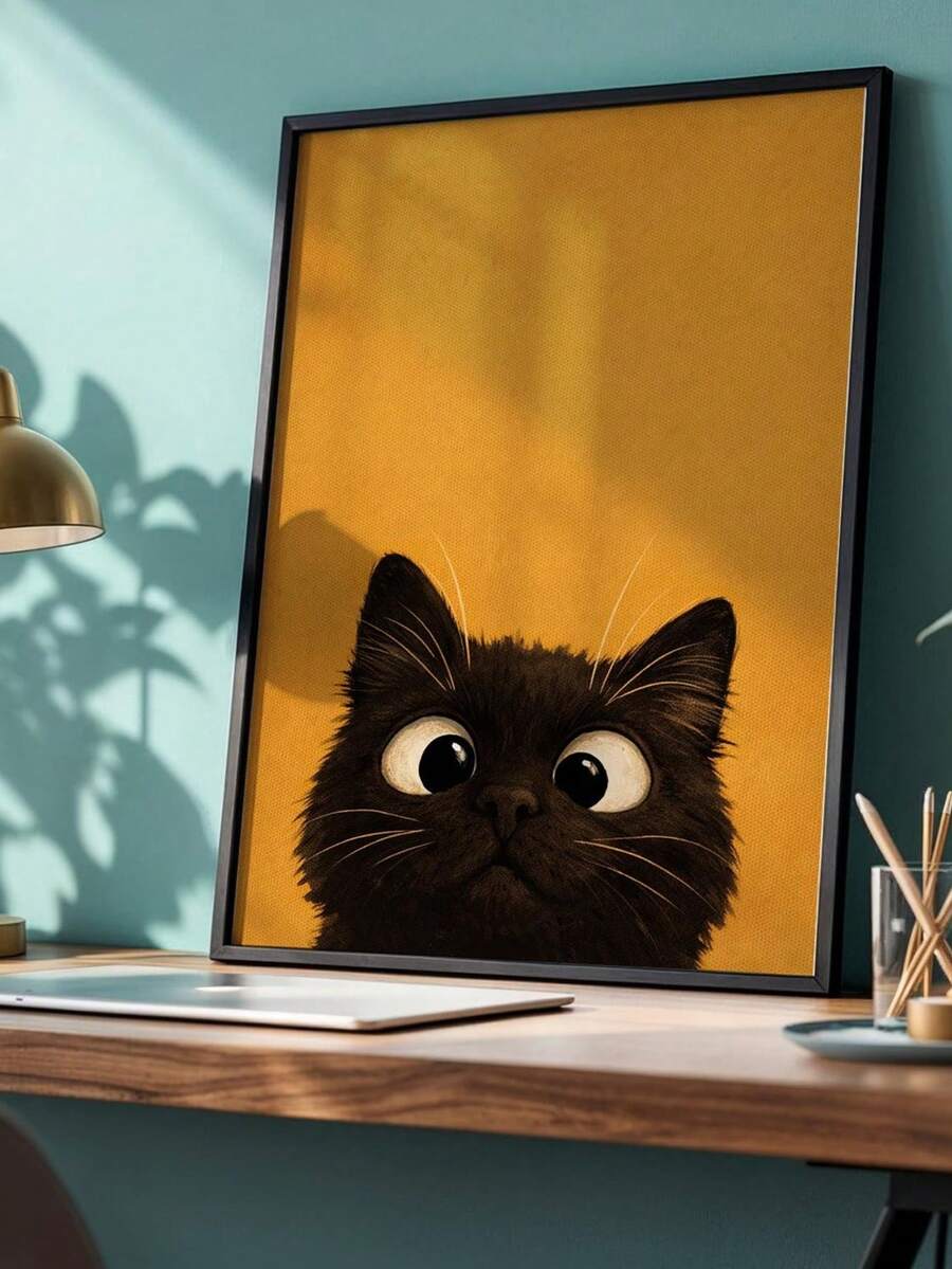 1pc Frameless Black Cat Wall Art Print, Cute Surprised Black Cat On Mustard Yellow Background, Minimalist Pet Decor, Unframed - A - View 1