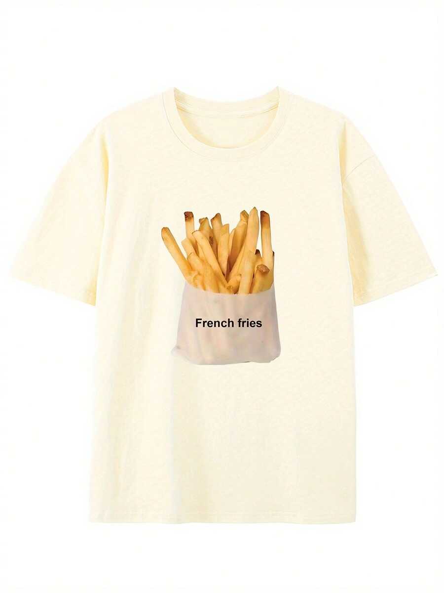 Men's Cotton T-Shirt With Vintage Style And Creative French Fries Print - Casual Round Neck, Short Sleeve For Summer - 杏 - 查看 1