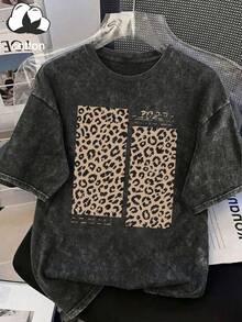 Women's Casual Vintage Washed T-Shirt, Leopard Print Patchwork Numeric Logo Decor Round Neck Short Sleeve Loose Tee, Suitable For Outings, Summer, Vacation, Plus Size Black - Black - View 6
