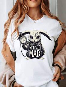 Women's Cotton T-Shirts With Clock And White Rabbit Print "We Are All Mad", Casual Fashion T-Shirt For Women, Halloween Costume Shirt, Alice In Wonderland Themed Clothing, Basic Women's Blouses. - 白色 - 查看 1