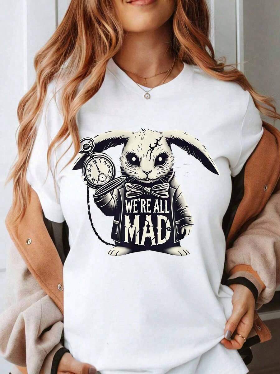 Women's Cotton T-Shirts With Clock And White Rabbit Print "We Are All Mad", Casual Fashion T-Shirt For Women, Halloween Costume Shirt, Alice In Wonderland Themed Clothing, Basic Women's Blouses. - 白色 - 查看 1