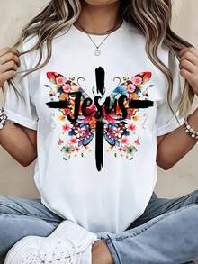 Women's Cotton T-Shirts, Round Neck T-Shirt For Women, Jesus Cross Print, Flowers And Butterflies, Short Sleeve, Casual Summer Top For Daily Wear, Basic Blouses For Women. - 白色 - 查看 7