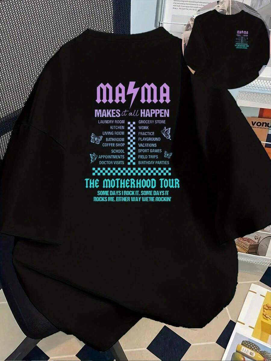 New 180g Heavyweight T-Shirt, 100% Cotton, For Women With A Fun Slogan About Motherhood - Journey Print, With Pregnancy Symptoms And Quotes About Childbirth, Casual Short-Sleeved Round Neck Top, Suitable For Pregnant And Postpartum Women, Fun Clothing To Announce Pregnancy, Comfortable For All Seasons, Machine Washable, Soft Fabric, Durable Seams - Suitable For Layering In Spring And Autumn And As A Single Garment In Summer, Unisex Style. - 黑色 - 查看 1