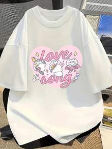 Minimalist Casual T-Shirt, New Women's Off-The-Shoulder Short-Sleeve T-Shirt, Oversized Style, For Spring/Summer, Valentine's Day Gift, White Short-Sleeve T-Shirt With Heart Print And Cat Band, Sweet And Fun Style For Girls, Eye-Catching Streetwear, Cute And Vibrant Top, Blouses For Women. - 白色 - 查看 7