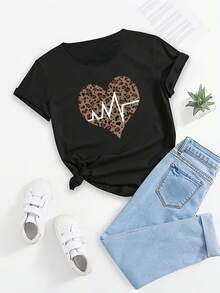 Women's Casual Cotton T-Shirt With Round Neck - Leopard Print With EKG Heart-Shaped Line Art - Loose Fit, Short Sleeves, Round Neck, Medium Elasticity Breathable Fabric, Suitable For Plus Sizes, Machine Washable, Comfortable For Everyday Wear, Fun Print T-Shirt, Soft Texture. - 黑色 - 查看 7