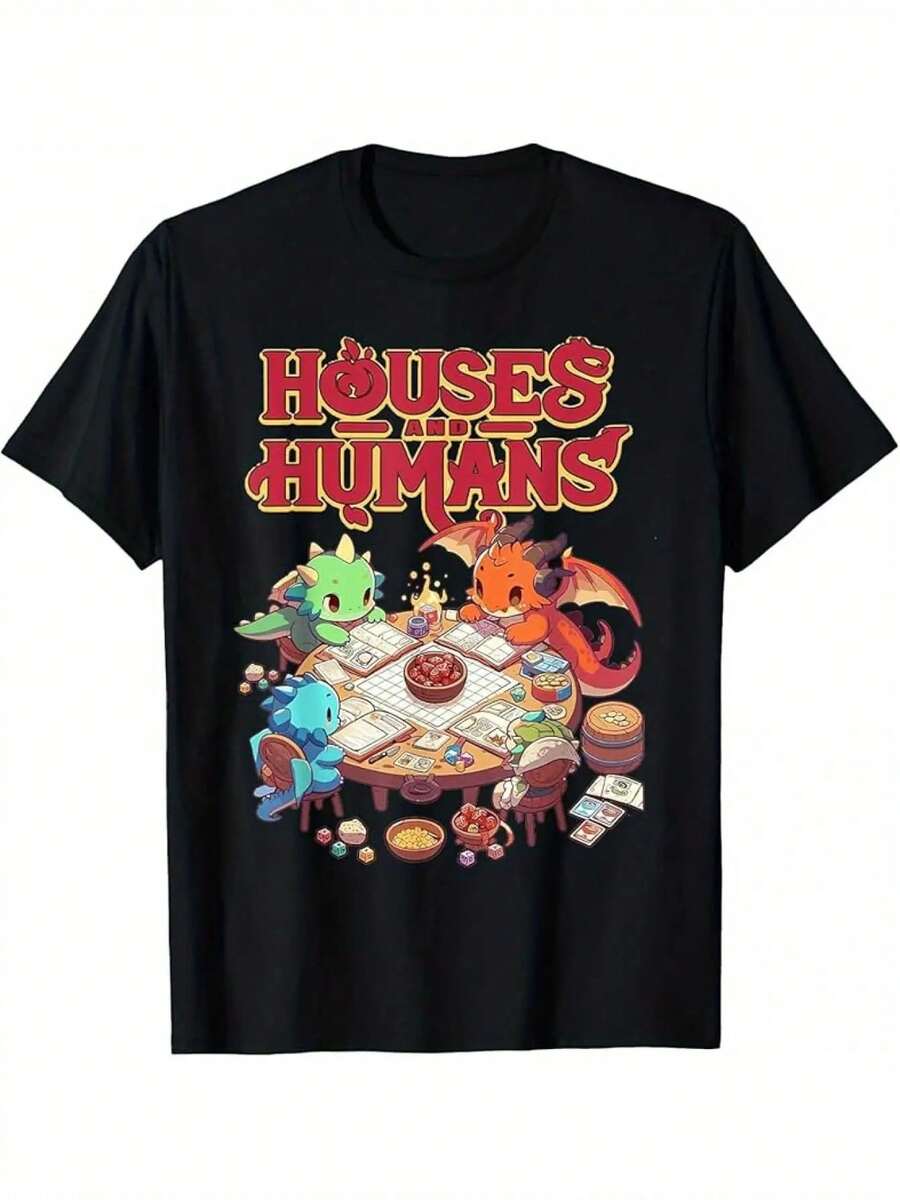 1 Camiseta Temática de Videojuegos de los 90 - Diseño Divertido de Criatura de Dibujos Animados "Casas y Humanos", Cuello Redondo y Manga Corta - Regalo Perfecto para Gamers y Fans de Videojuegos, Estilo Casual, Camiseta Coleccionable, TALLA GRANDE - Negro - Ver 1