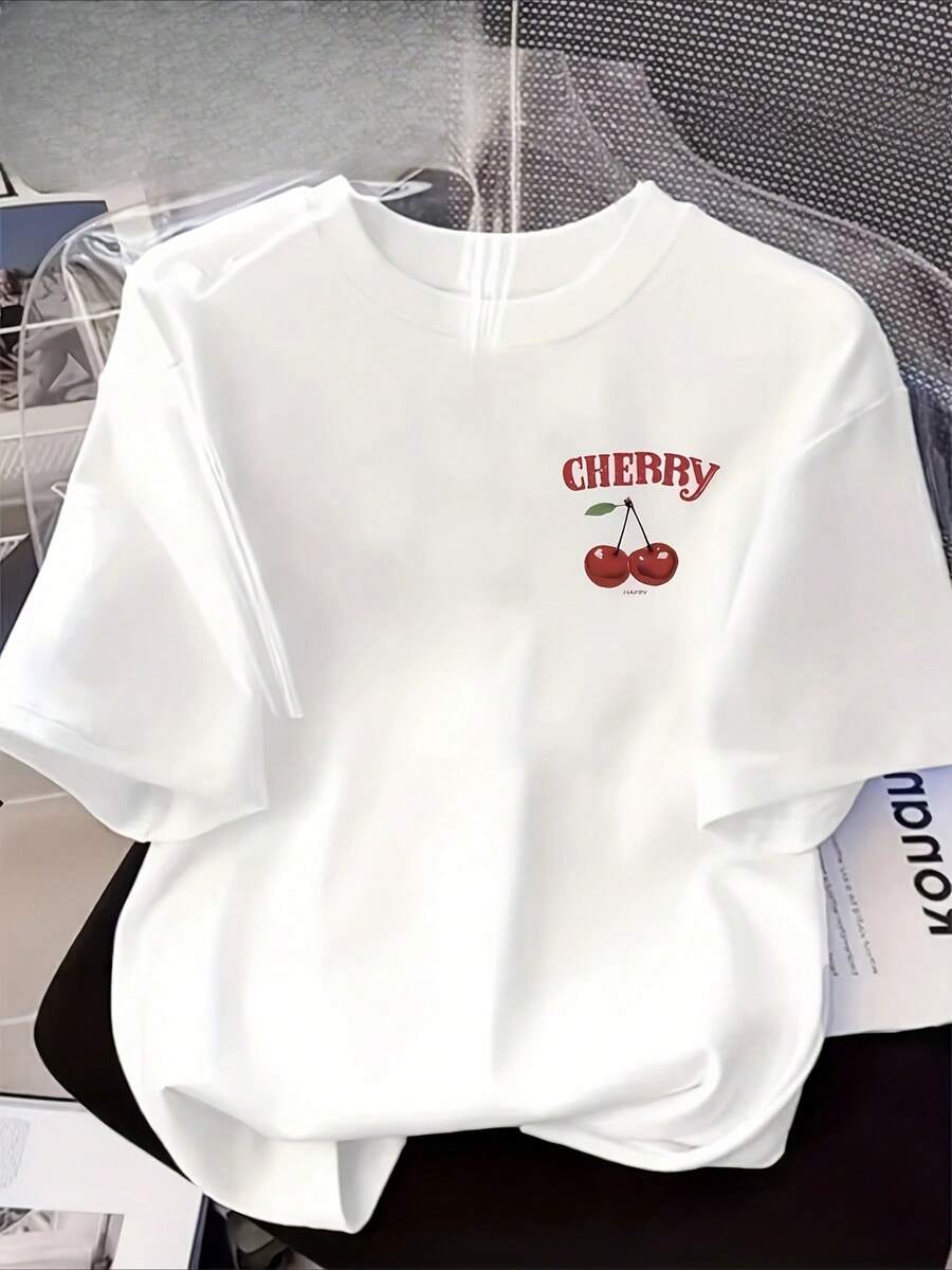 Camiseta de Mujer; presenta un estampado de cerezas; suave y cómoda, ideal como prenda de casa para todas las estaciones; transpirable y absorbente de sudor, camiseta casual de manga corta para mujer; Camisetas para Mujer - Blanco - Ver 1