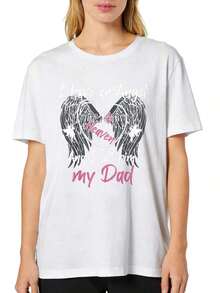 New Summer Arrival: Short Sleeve T-Shirt With Round Neck, Print "I Have An Angel In Heaven And I Call Him My Dad", Basic Casual T-Shirt For Everyday Use, Comfortable And Soft To The Touch. - 白色 - 查看 1