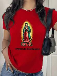 100% Cotton. Virgin Of Guadalupe Representing Protection, Hope, And Devotion With A Luminous Aura And Red Roses, Symbol Of Mexican Faith. Women's T-Shirt. 100% Cotton. Women's Simple Solid Color T-Shirt, Loose And Slim Fit Casual Short Sleeve - 紅色的 - 查看 8